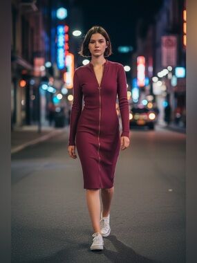 Burgundy Long Sleeve Full Zipper Dress